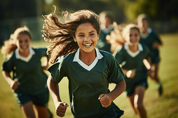 Teenage Soccer Team in Action Empowering Girls in Green Kits on the Soccer Field. created with Generative AI