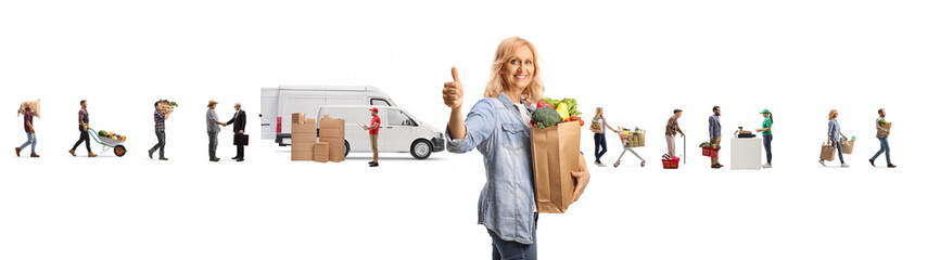 Poster - Woman with grocery bags gesturing thumbs up in front of farmers delivering fruits and vegetables