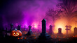 Cemitério a noite com neblina, castelo ao fundo, abóbora e luzes roxas