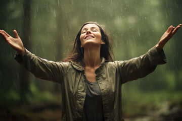 Sticker - Young woman feeling relieved in beautiful green nature, enjoying the rain, breathing the fresh air with opened arms