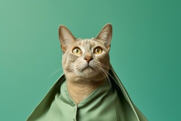 Wall Mural - colorpoint shorthair cat wearing a superhero cape against a spearmint green background