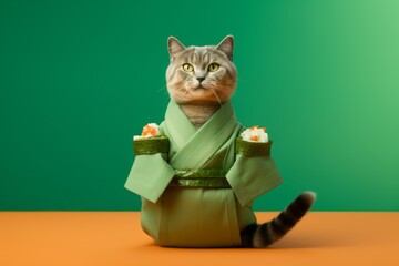 Wall Mural - korat cat wearing a sushi roll costume against a spearmint green background
