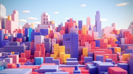 pixel voxel city landscape illustration background design, 3d render, modern futuristic pixel voxel city landscape