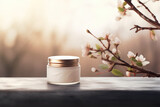 Blank glass cosmetic cream jar mockup. Standing outdoors on the table. Skin care product presentation. Template with copy space for text