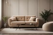 Velvet loveseat sofa near beige blank wall with copy space Minimalist home interior design of moder