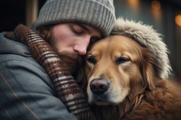 Sticker - the concept of pets as a way to help with depression. A man hugs his dog