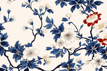 Chinoiserie Floral Pattern, Wallpaper, Background, Hand-drawn Cartoon Illustrations In Minimalist Vector Style
