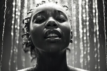 Sticker - Black and white image of an African-American woman taking a shower. Dramatic shot