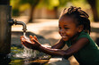Hopeful Hands African Child Reaching for Clean Water, A Tale of Cleanliness and Progress. created with Generative AI