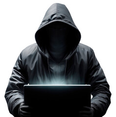 Hacker with laptop hacking computer system isolated on transparent background