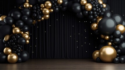 Wall Mural - Generative AI, arch of black and golden balloons. Mock up for Black Friday or other holiday 3d background