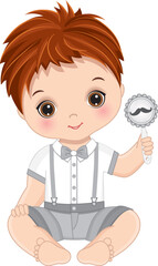 Wall Mural - Vector Cute Little Man Holding Rattle with Moustache Image