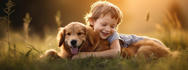 Poster - Happy smiling little child with his dog