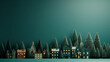 City town with a forest behind, on teal Christmas holiday banner background