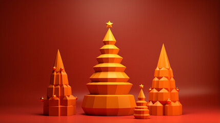 Wall Mural - Orange pyramids trees on red background