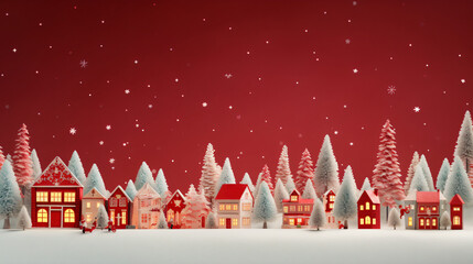 Wall Mural - Snowing in a small town red Christmas holiday banner background