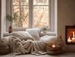 Cozy winter home interior with knitted blankets and pillows, holiday country house in wood, warm fire and afternoon daylight