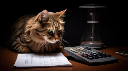 Canvas Print - Serious cat in the form of an accountant sitting at a desk with a calculator