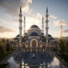 Luxurious Mosque With Sunset Background