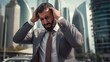 essence of corporate frustration with an image of a distressed Arab businessman in a modern city, reflecting on a business problem