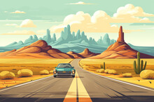 Long Automobile Road, Highway Along The Mountains And Desert Landscape, Travel Concept, Traveling By Car, Cartoon Illustration