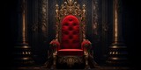 Fototapeta  - The throne, golden luxury royal chair on a dark shiny hall of gothic church or palace background.