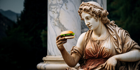 Marble Ancient woman greek statue eats burger in the city 