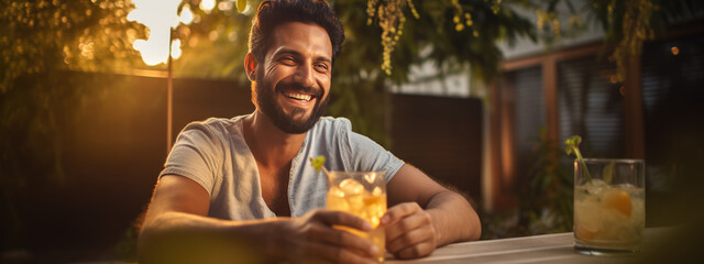 Smiling man sits at a table during an outdoor evening party in a home's backyard