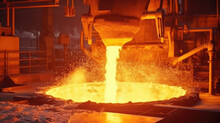 Industrial Metallurgical Foundry Factory, Liquid Molten Metal Pouring In Ladle, Heavy Industry. Generative Ai