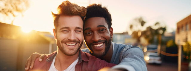 Wall Mural - Homosexual couple happily hugging and smiling outdoors