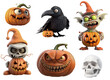 funny scary halloween clip art objects like pumpkin, crow, monsters and skull, isolated on white background - post-processed generative AI
