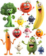 collection of illustrated funny happy fruits and vegetables with eyes, isolated on white background - post-processed generative AI