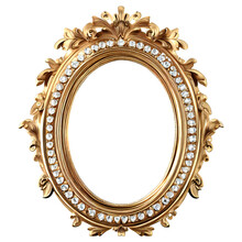 Antique Round Oval Golden And Diamonds, Picture Mirror Frame On White, Transparent Background