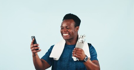 Poster - Happy black man, fitness and phone in winning, success or good news against a studio background. Excited African male person or athlete smile in celebration for sports, victory or health and wellness