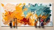 An artistic brush smeared with paint of different colors. Bright background with place for text, construction process of repainting decor. Strokes and blots