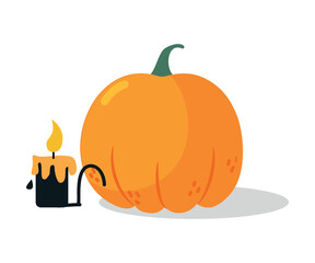 Wall Mural - Halloween with Orange Pumpkin and Burning Candle Vector Illustration