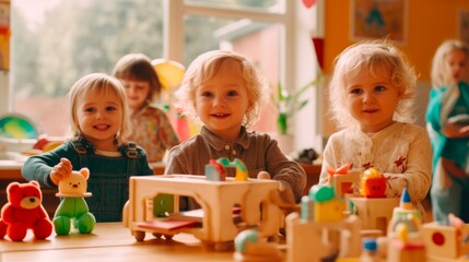 Wall Mural - Adorable Toddler Boys Playing with Colorful Toys at Kindergarten: A Beautiful and Creative Childhood Experience