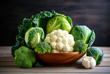 Fresh Cruciferous Vegetables In Wooden Bowl On White Background For Reducing Estrogen Dominance. Cabbage, Cauliflower, Broccoli & Kale - Perfect For Ketogenic & Plant-based Vegan Diet