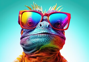 Wall Mural - Portrait of an iguana in profile. Funny lizard with sunglasses. Digital art. Illustration for cover, card, flyer, poster or print on t-shirt, bag, etc.