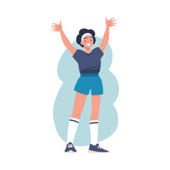 Sticker - Smiling Woman Winner Standing with Raised Up Hands Vector Illustration