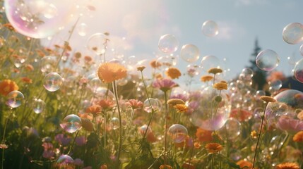 Poster -  a field full of flowers and bubbles floating in the air.  generative ai