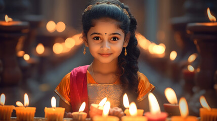 Portrait of an Indian female child in t raditional clothes, prayer ceremonies for Diwali and Puja prayers. Hindu festival of lights celebration. Close-up. Banner.