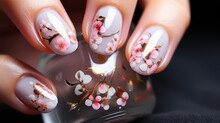 Beautiful female hands with manicure close-up, modern stylish nail design with butterflies