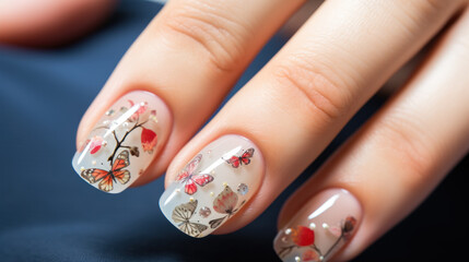 Beautiful female hands with manicure close-up, modern stylish nail design with butterflies