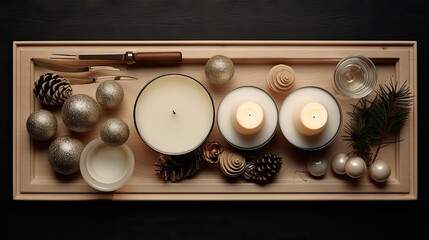 Sticker -  a tray with candles, ornaments and a knife on it.  generative ai