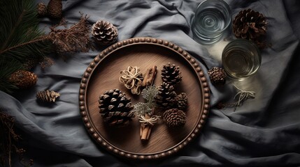 Sticker -  a wooden plate topped with pine cones on top of a blue blanket.  generative ai