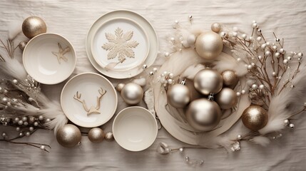 Wall Mural -  a table topped with plates and bowls filled with christmas decorations.  generative ai