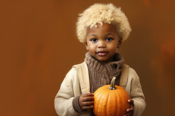 Sticker - A little boy holds a pumpkin in his hands. Perfect for autumn and Halloween themed designs.