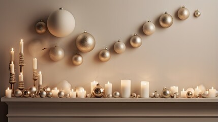 Poster -  a mantle with candles and ornaments on it and a wall hanging on the wall.  generative ai