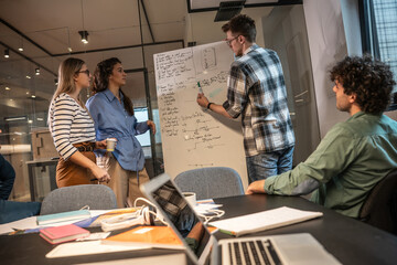 In the office, a confident programmer and engineer takes the lead, delivering a captivating presentation on the whiteboard, sharing insights and ideas that inspire and drive technological progress.